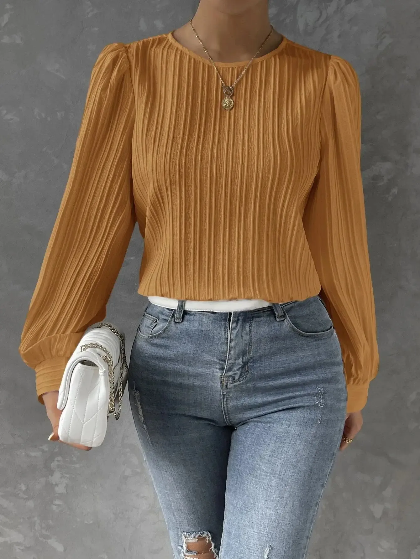 Womens Casual Solid Round Neck Long Sleeve Top