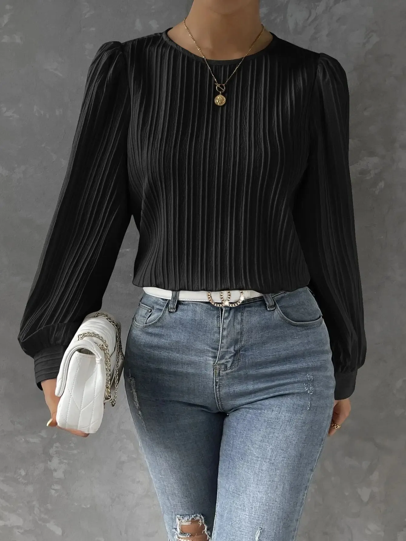 Womens Casual Solid Round Neck Long Sleeve Top