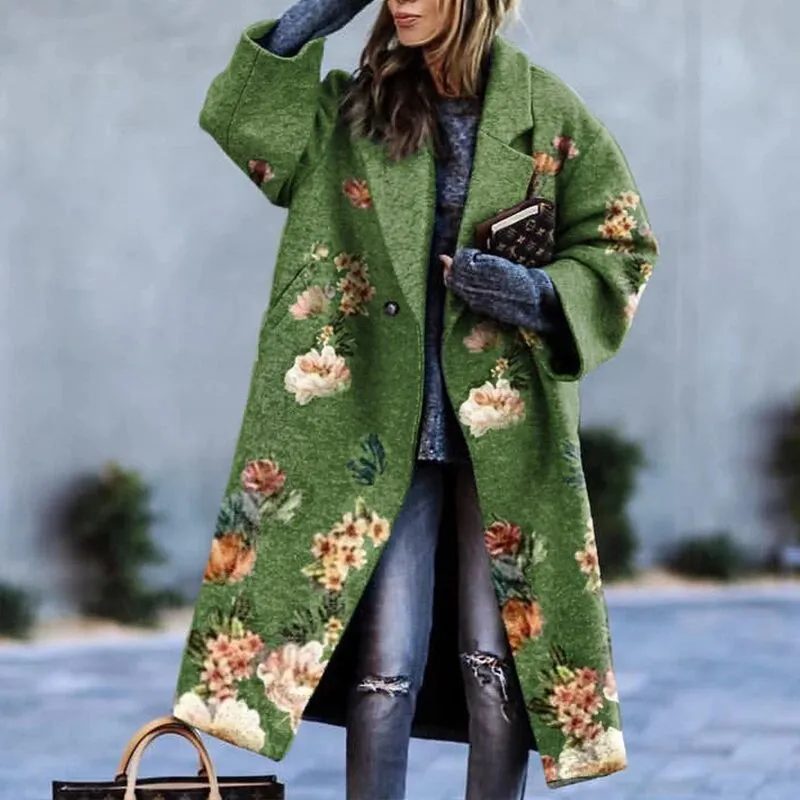 Women's Elegant Warm Long Winter Coat with Print | Ideal for Autumn/Winter