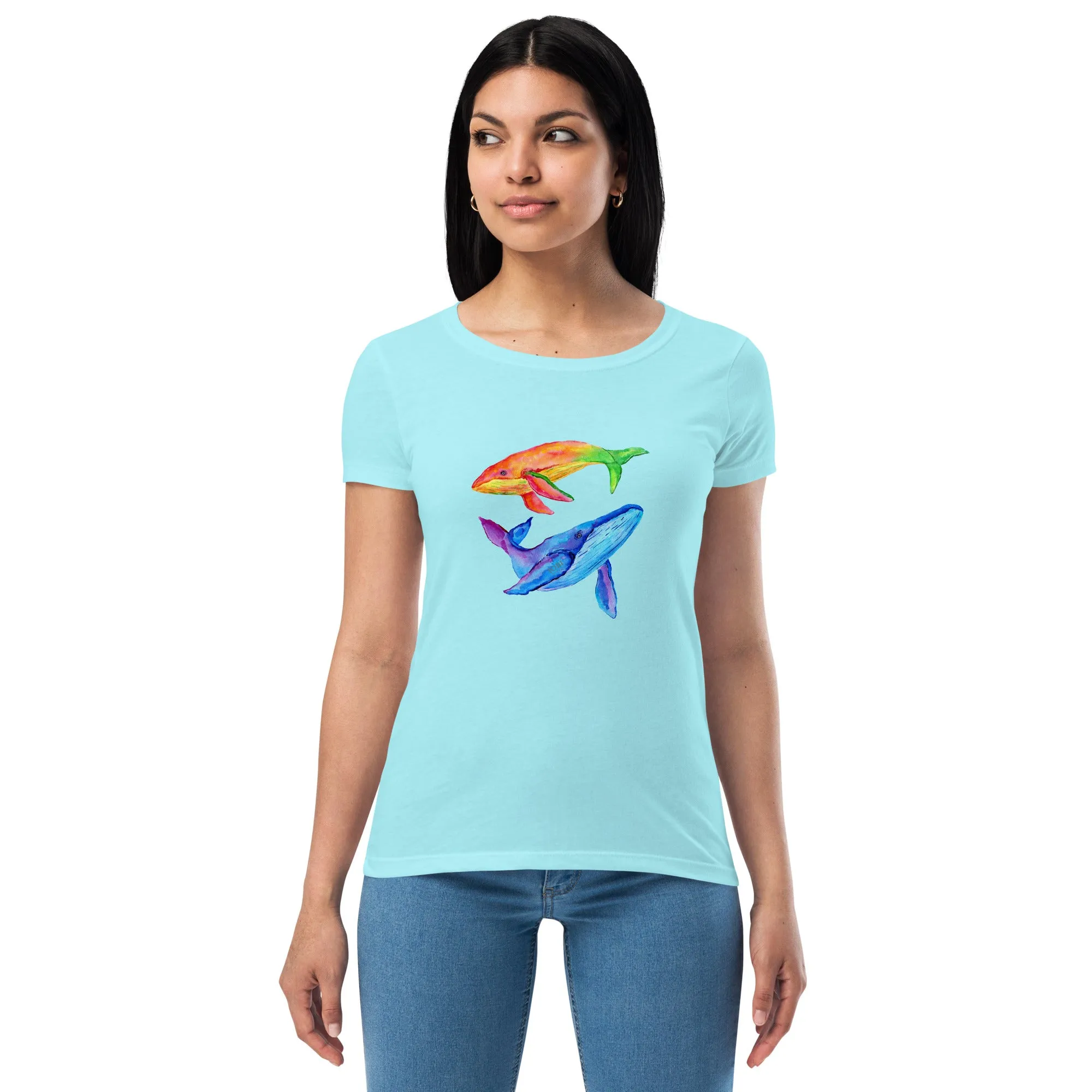 Women’s Fitted T-Shirt Super Soft & Stretchy Slim Fit Next Level Magical Whales Design by IOBI Original Apparel