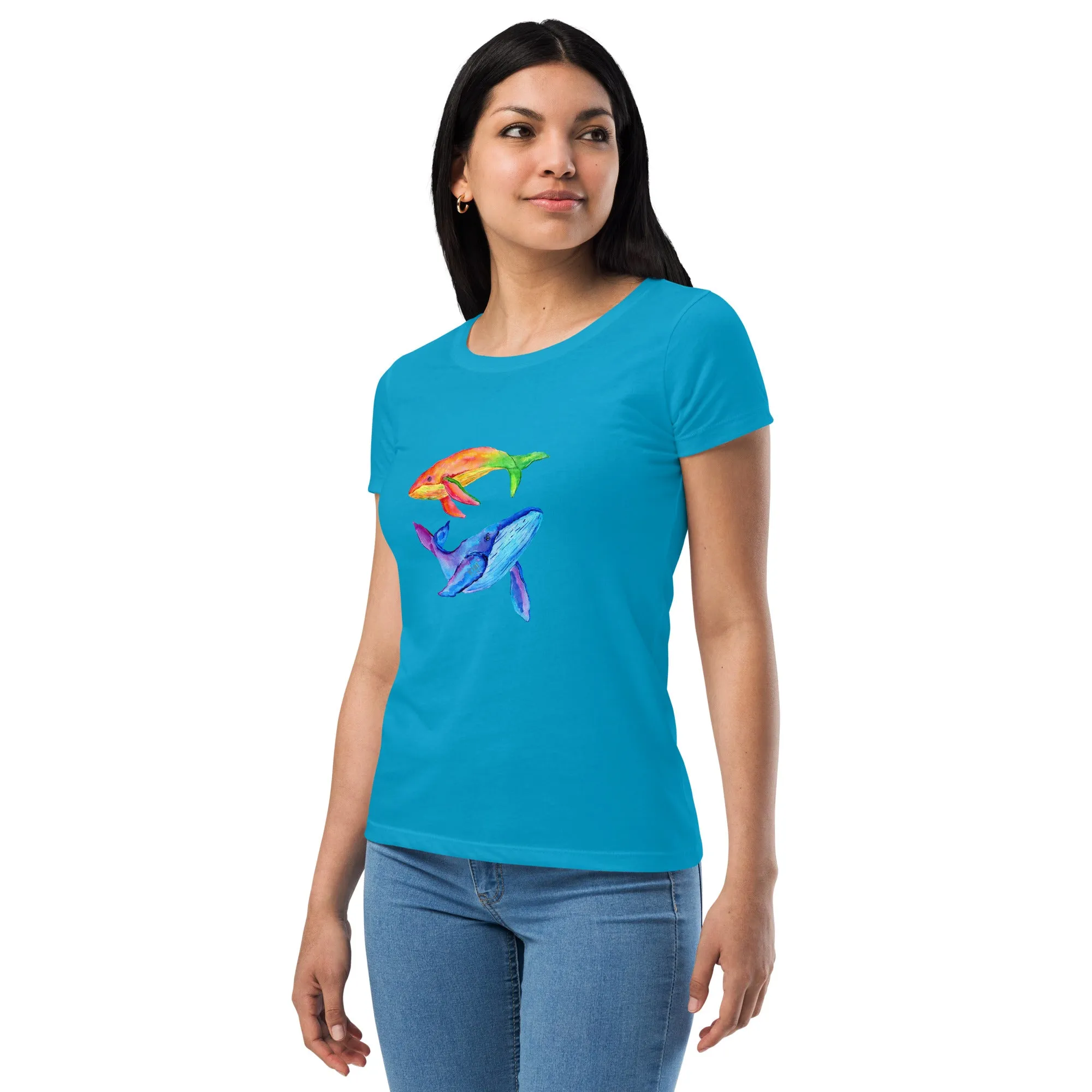 Women’s Fitted T-Shirt Super Soft & Stretchy Slim Fit Next Level Magical Whales Design by IOBI Original Apparel