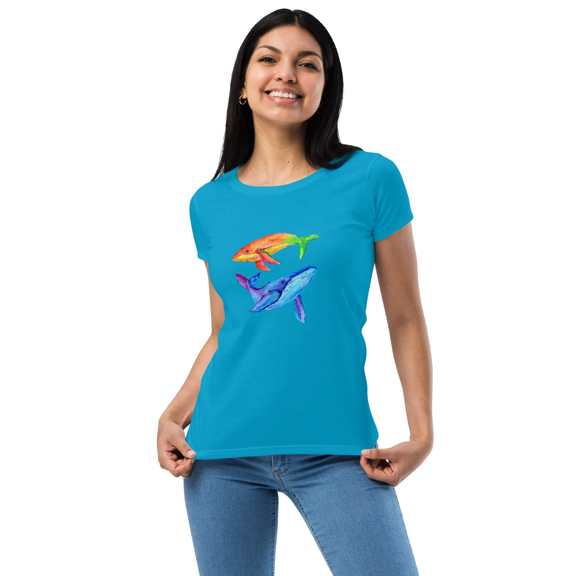 Women’s Fitted T-Shirt Super Soft & Stretchy Slim Fit Next Level Magical Whales Design by IOBI Original Apparel