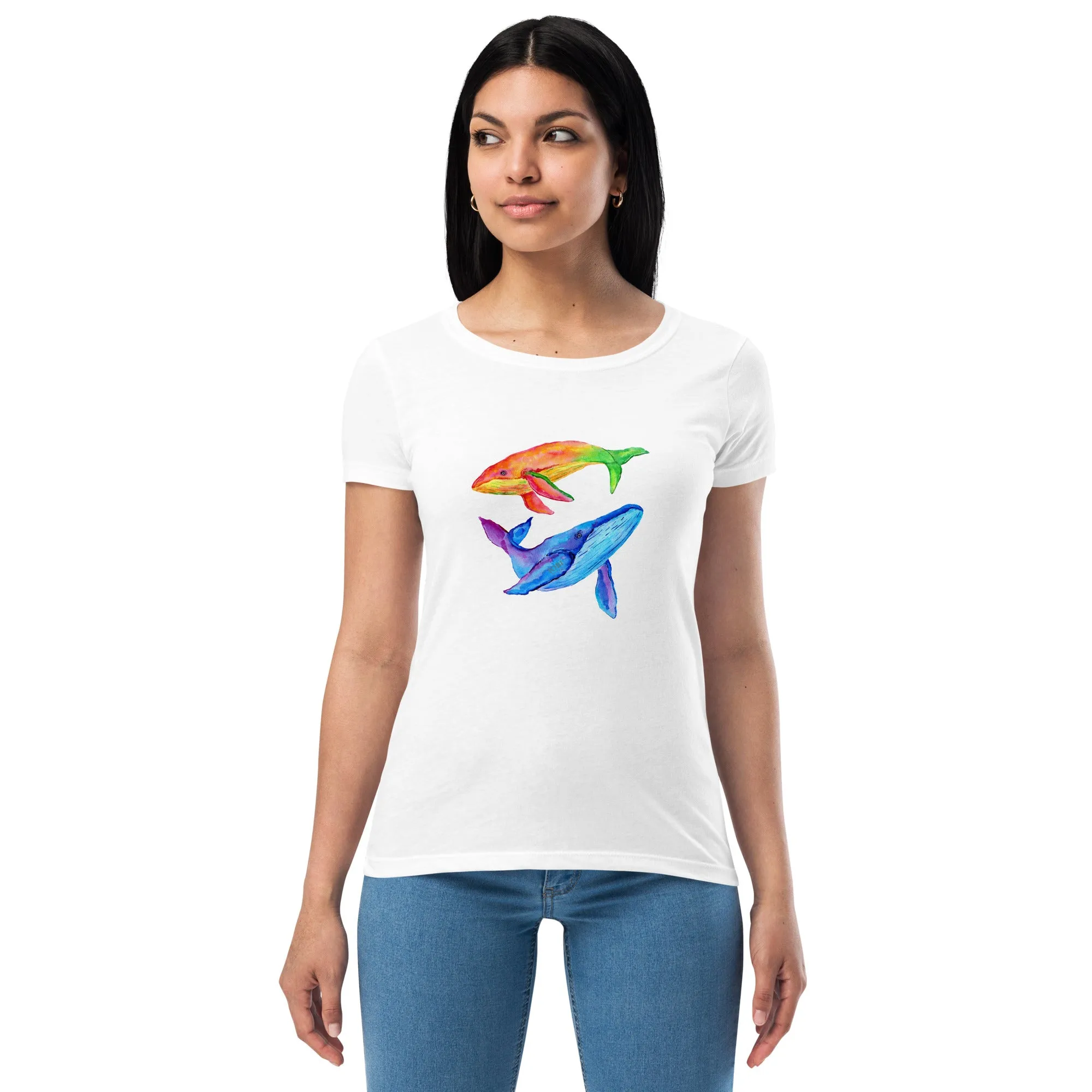 Women’s Fitted T-Shirt Super Soft & Stretchy Slim Fit Next Level Magical Whales Design by IOBI Original Apparel