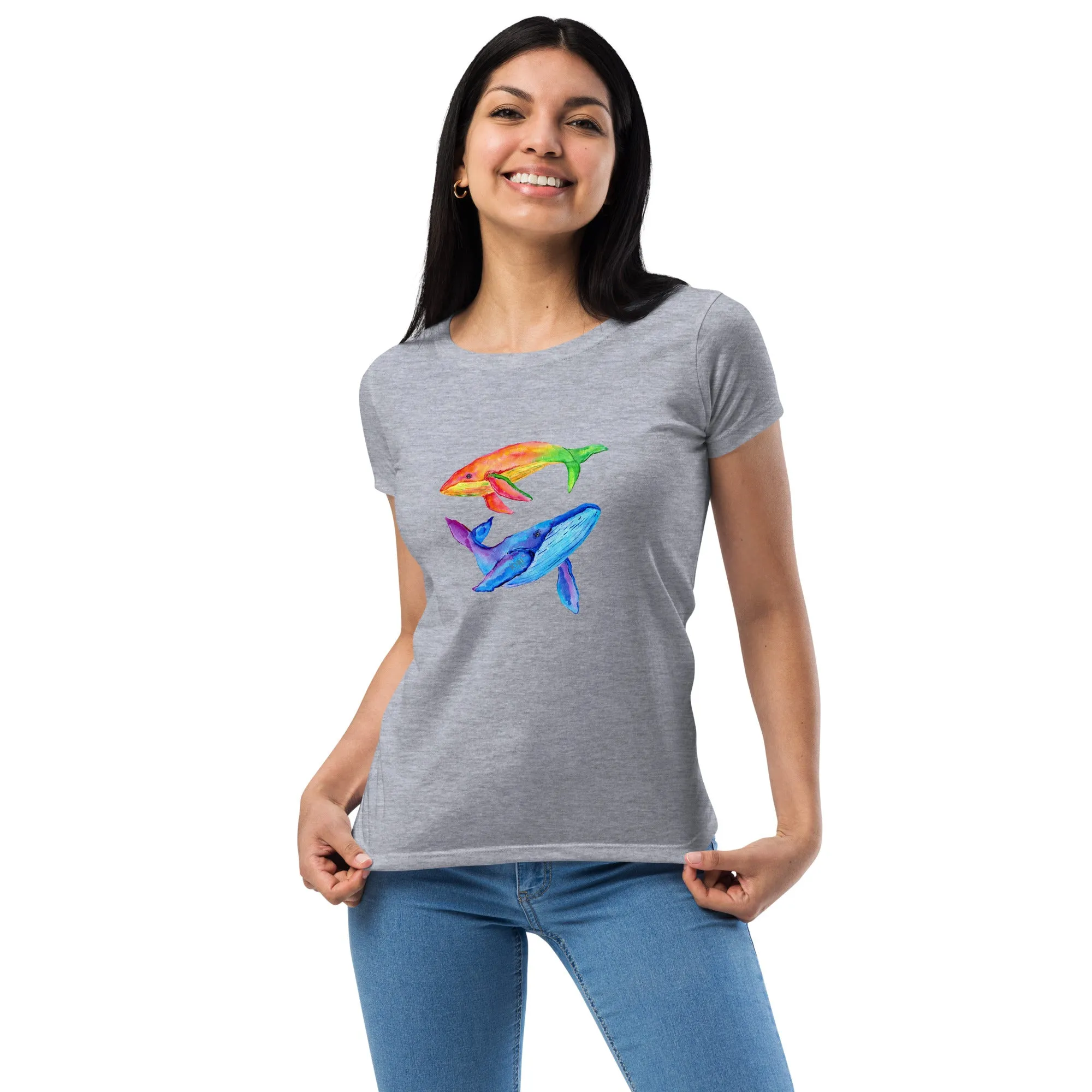 Women’s Fitted T-Shirt Super Soft & Stretchy Slim Fit Next Level Magical Whales Design by IOBI Original Apparel