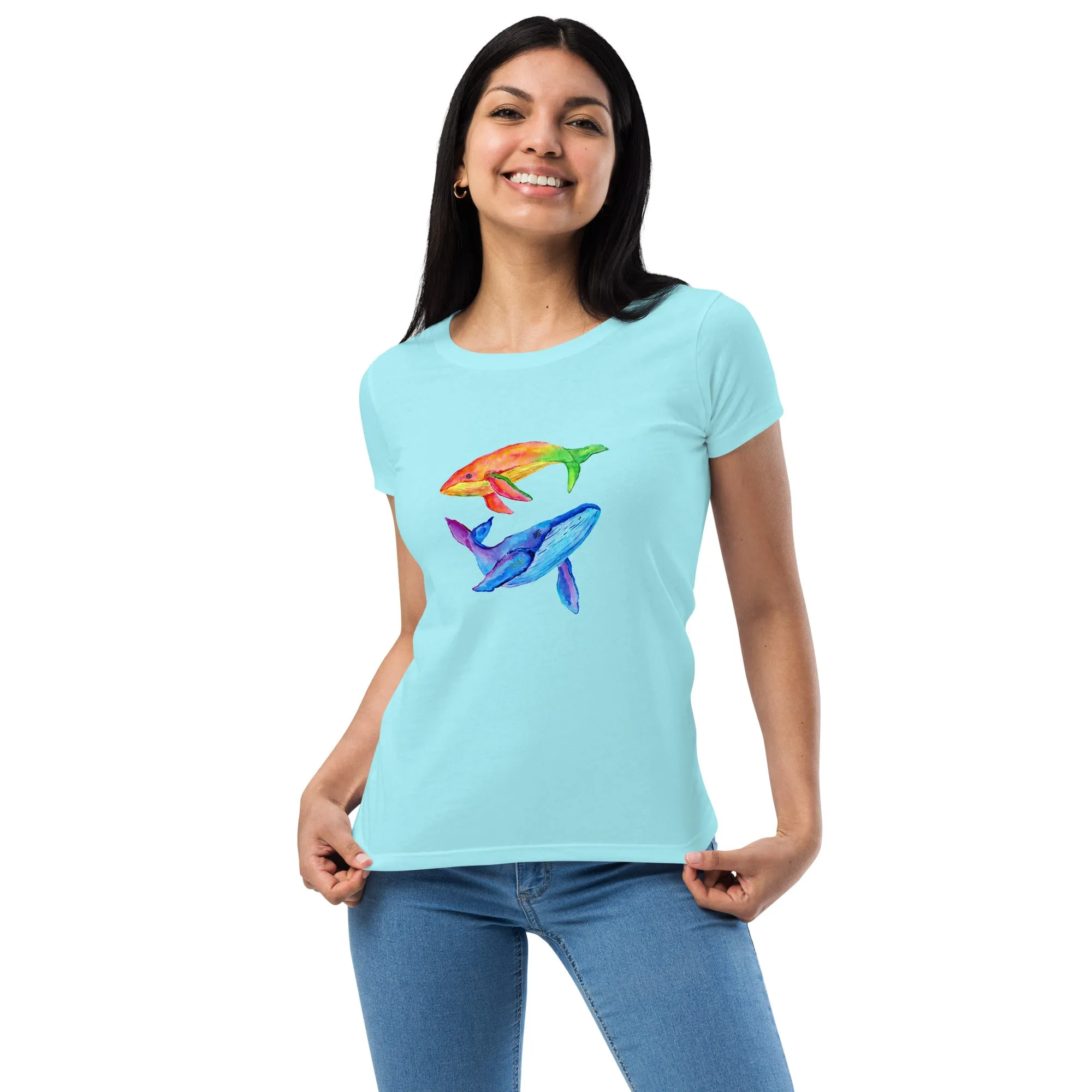 Women’s Fitted T-Shirt Super Soft & Stretchy Slim Fit Next Level Magical Whales Design by IOBI Original Apparel