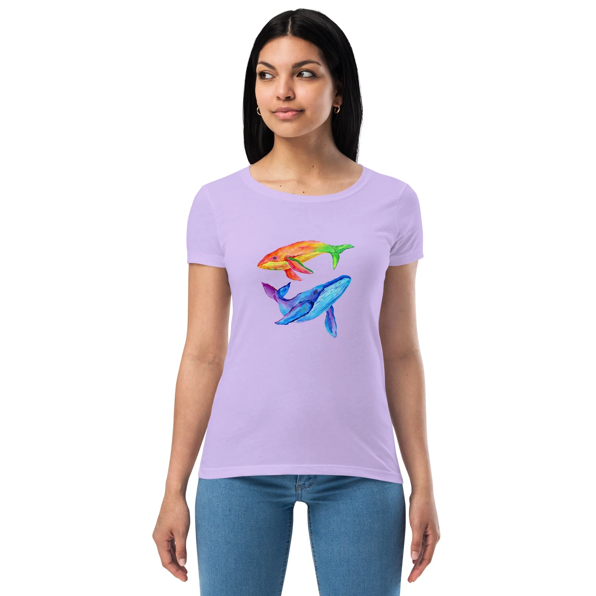 Women’s Fitted T-Shirt Super Soft & Stretchy Slim Fit Next Level Magical Whales Design by IOBI Original Apparel