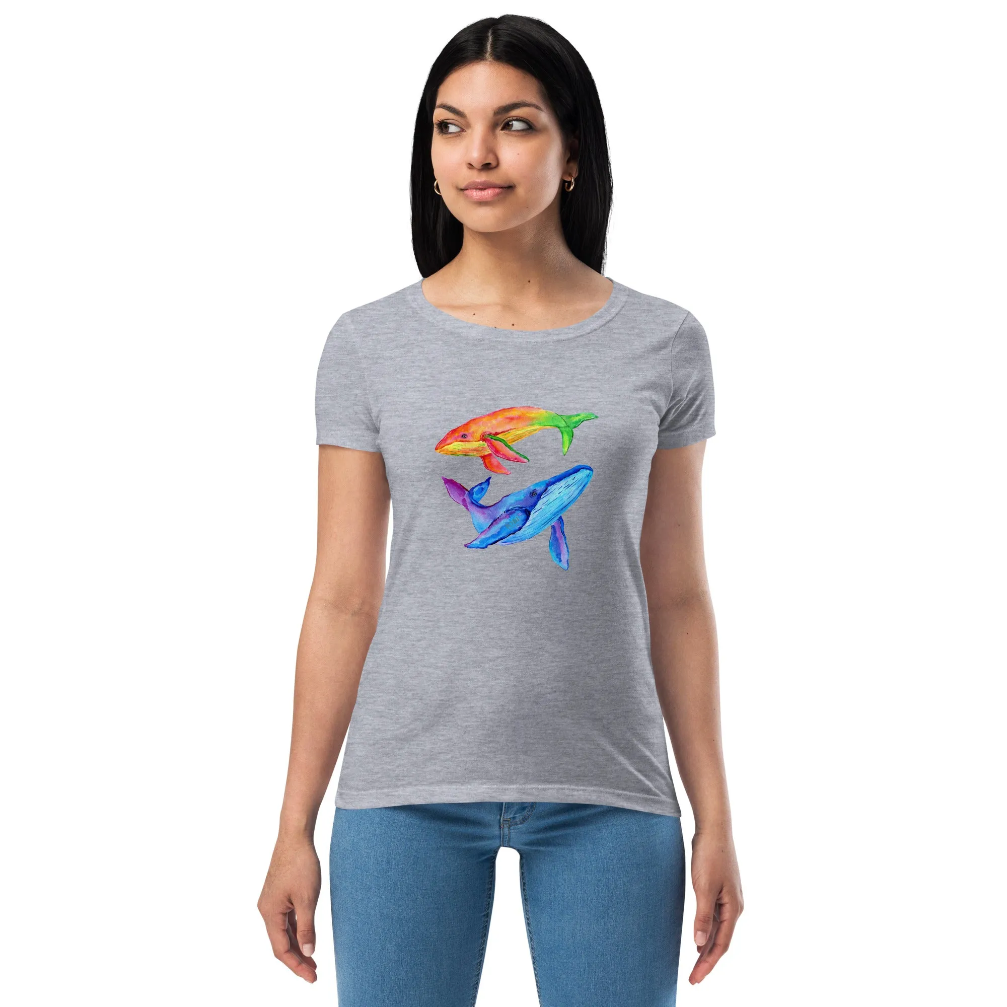 Women’s Fitted T-Shirt Super Soft & Stretchy Slim Fit Next Level Magical Whales Design by IOBI Original Apparel