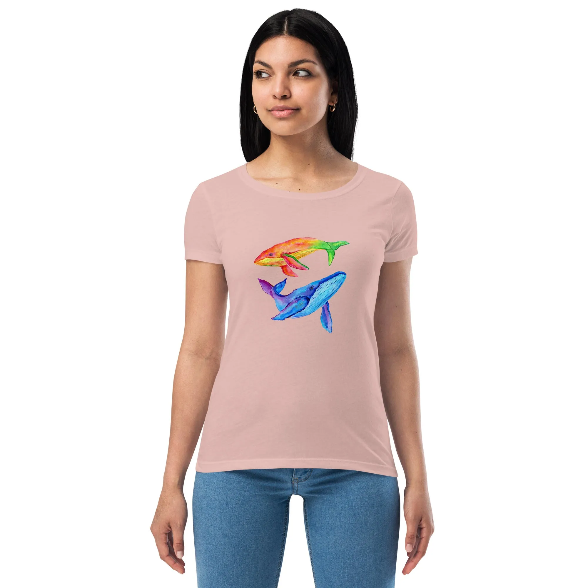 Women’s Fitted T-Shirt Super Soft & Stretchy Slim Fit Next Level Magical Whales Design by IOBI Original Apparel