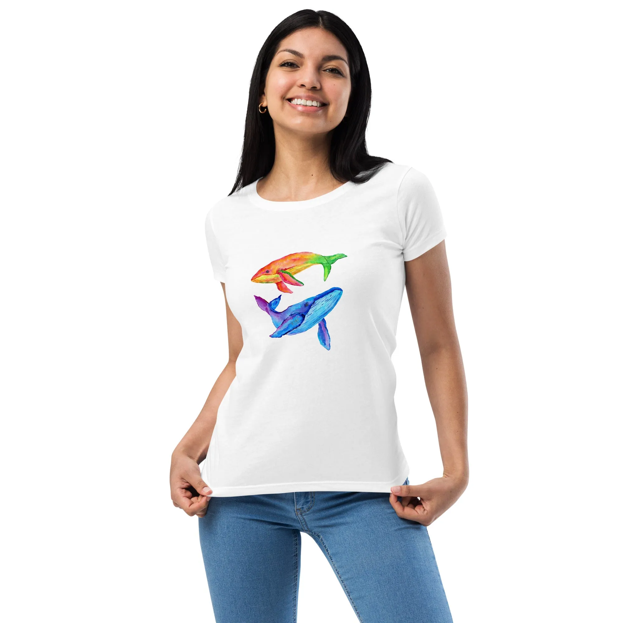 Women’s Fitted T-Shirt Super Soft & Stretchy Slim Fit Next Level Magical Whales Design by IOBI Original Apparel