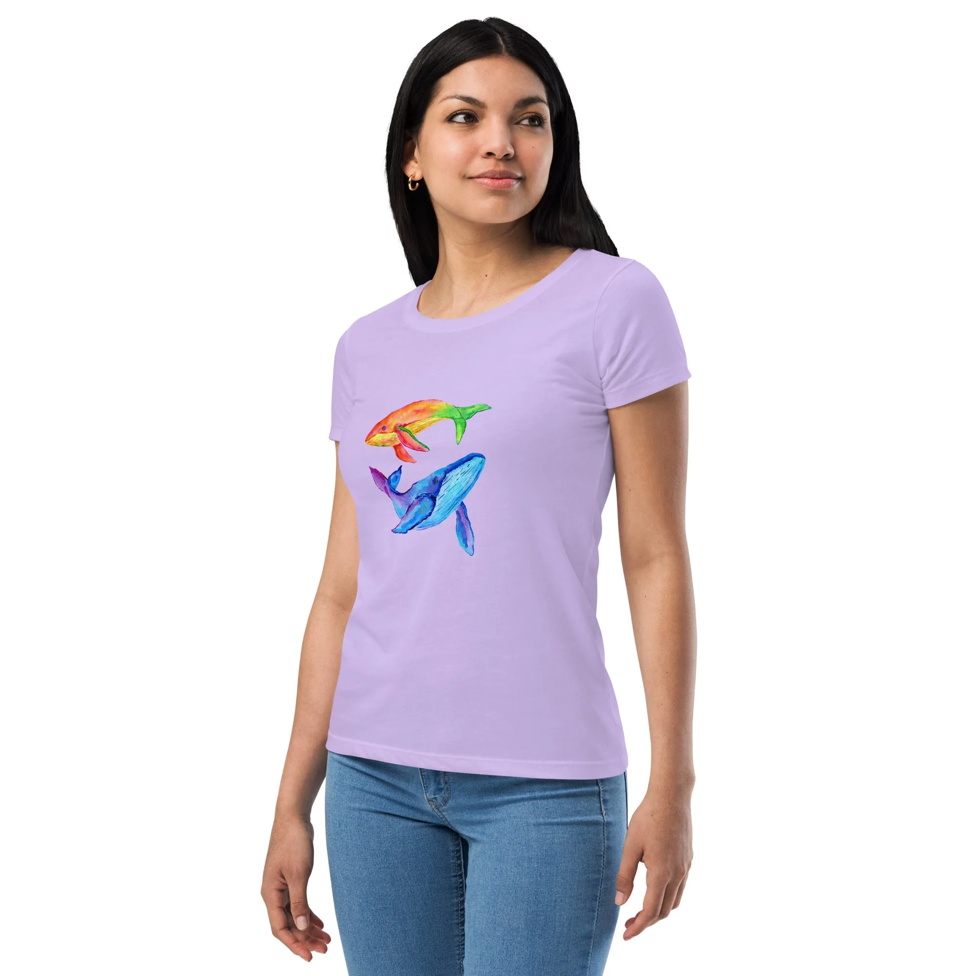 Women’s Fitted T-Shirt Super Soft & Stretchy Slim Fit Next Level Magical Whales Design by IOBI Original Apparel