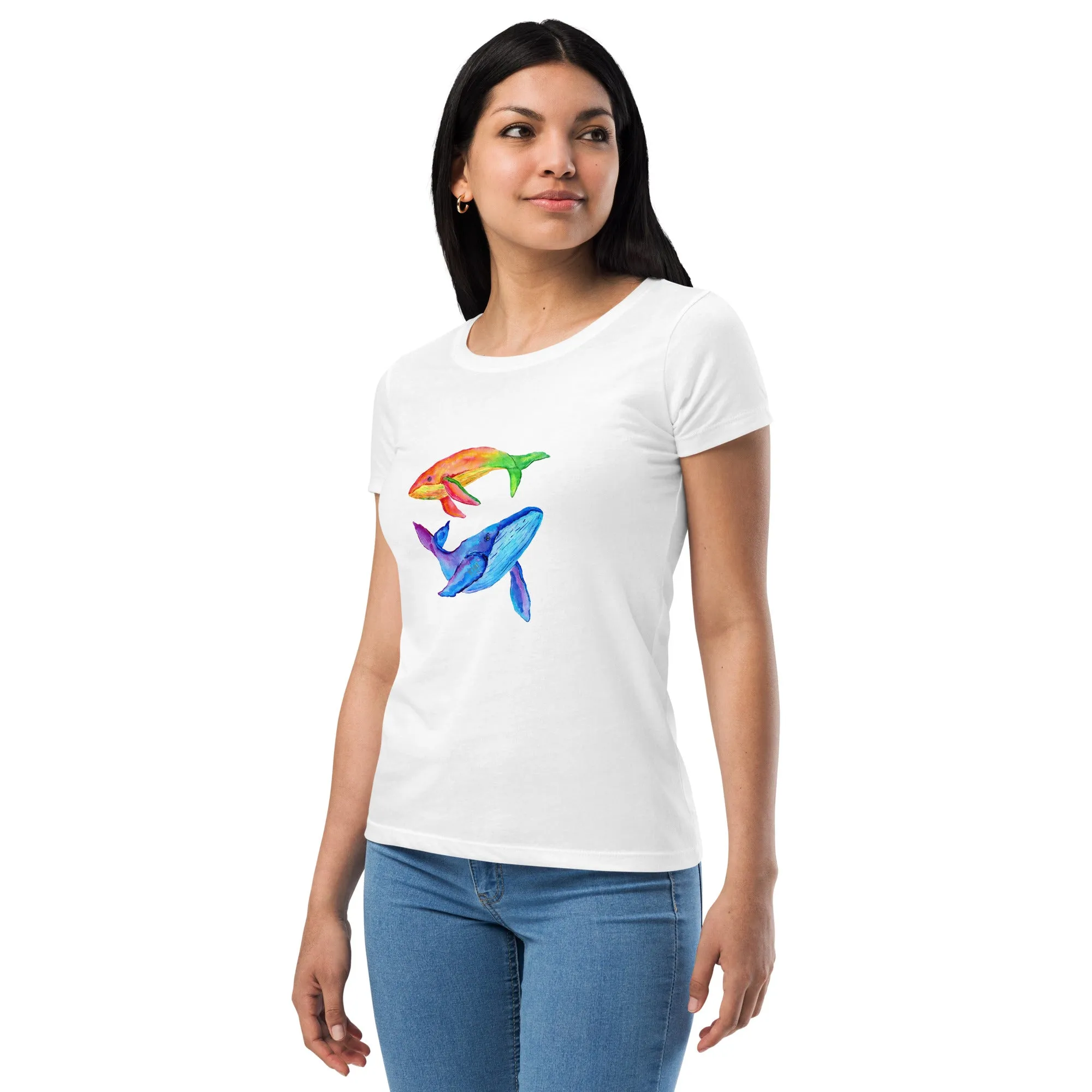 Women’s Fitted T-Shirt Super Soft & Stretchy Slim Fit Next Level Magical Whales Design by IOBI Original Apparel