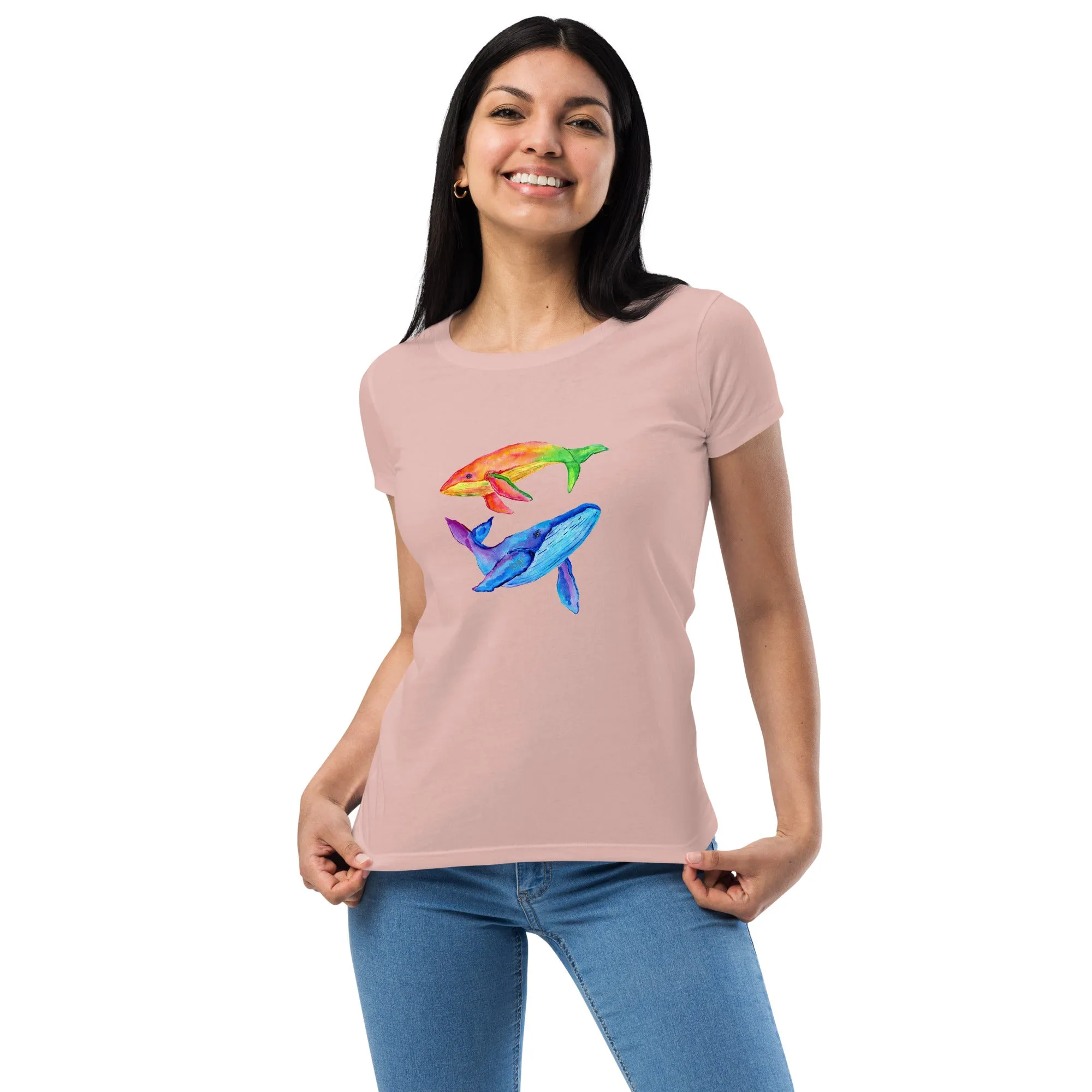 Women’s Fitted T-Shirt Super Soft & Stretchy Slim Fit Next Level Magical Whales Design by IOBI Original Apparel