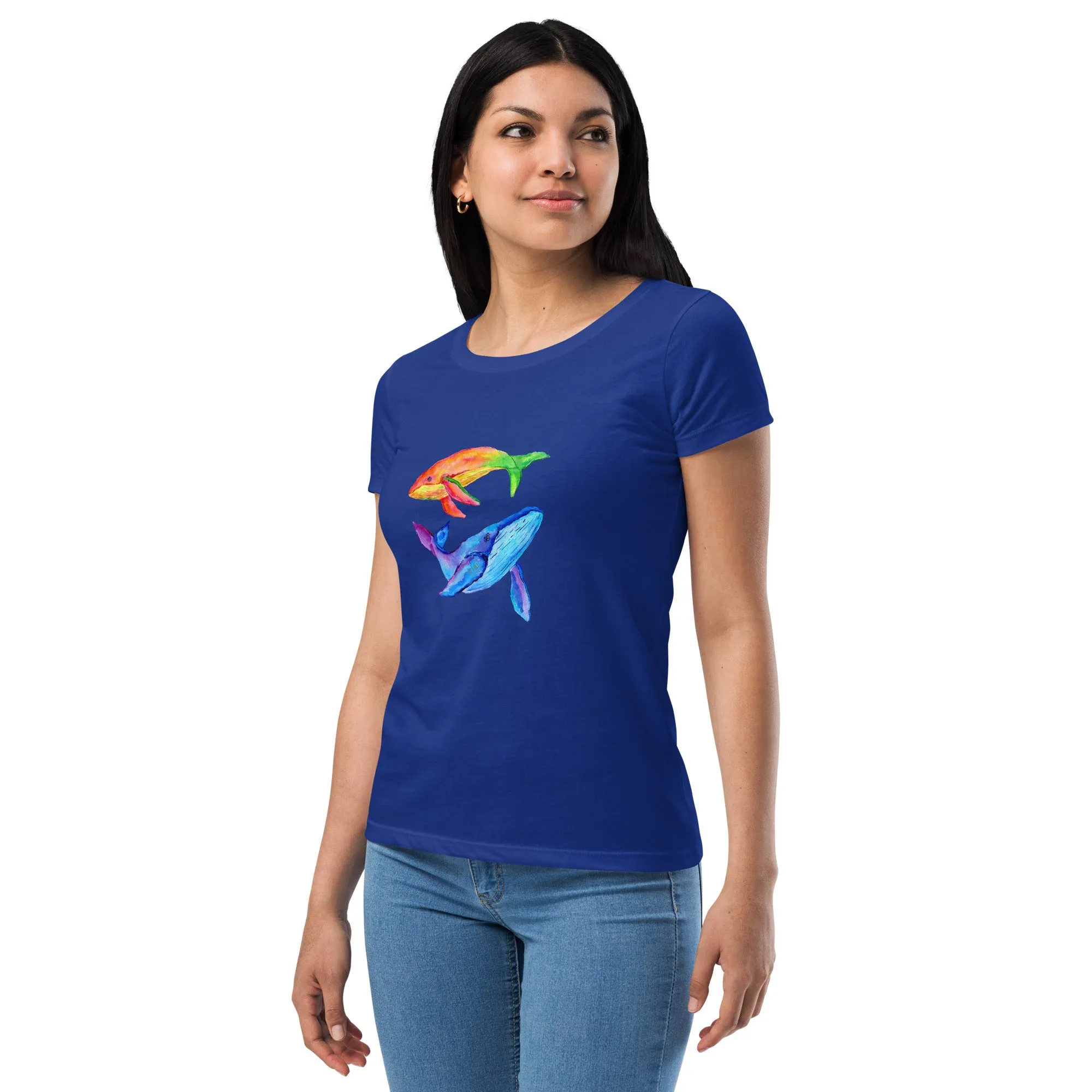 Women’s Fitted T-Shirt Super Soft & Stretchy Slim Fit Next Level Magical Whales Design by IOBI Original Apparel