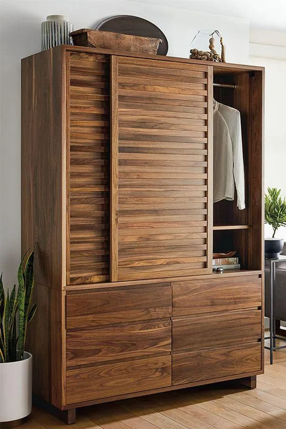 Wooden Twist Traditional Design Sliding Doors Wardrobe with Six Drawers And 2 Door ( Brown )