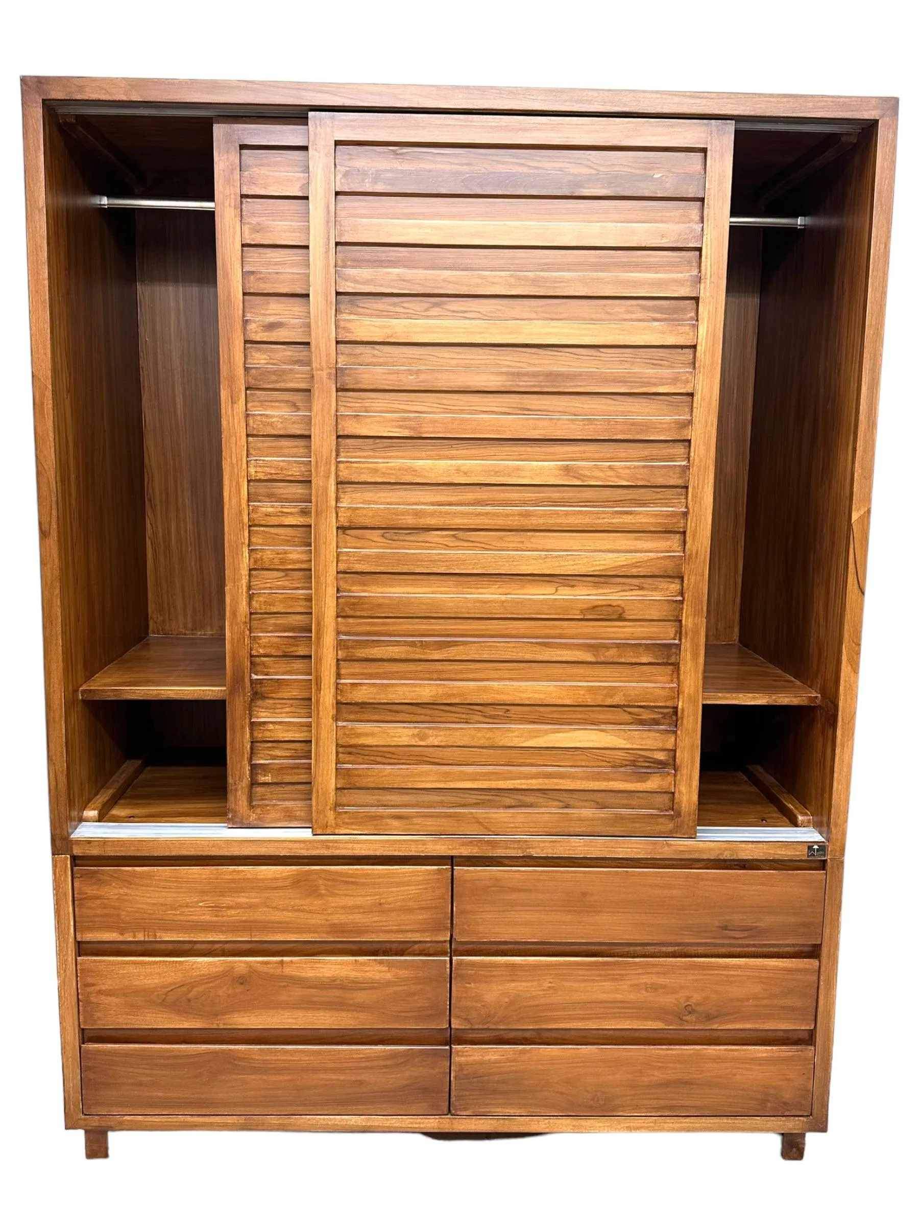 Wooden Twist Traditional Design Sliding Doors Wardrobe with Six Drawers And 2 Door ( Brown )