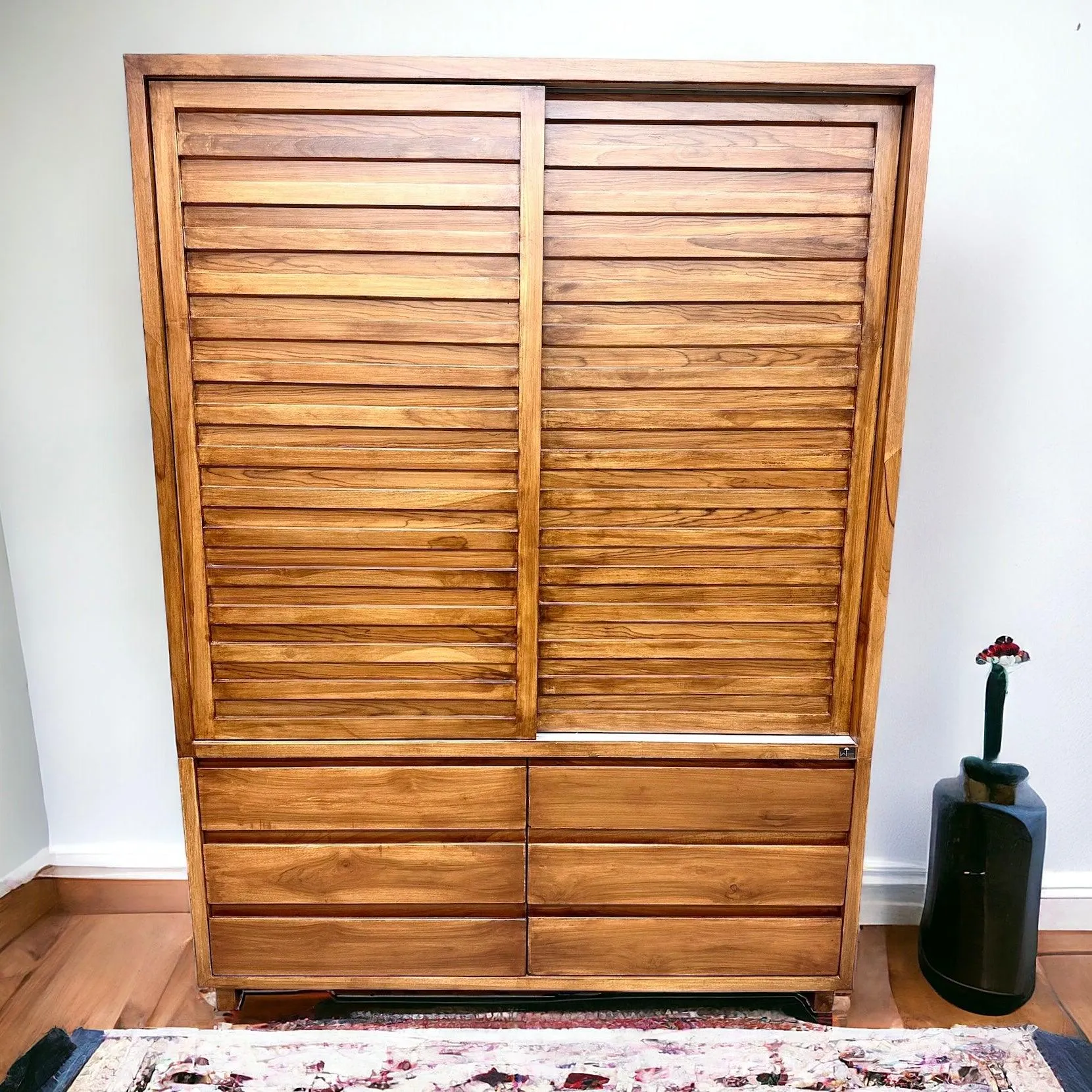 Wooden Twist Traditional Design Sliding Doors Wardrobe with Six Drawers And 2 Door ( Brown )